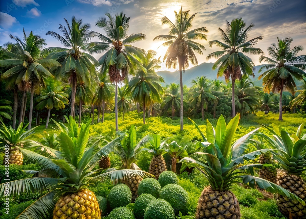 Vibrant green tropical farm landscape featuring diverse crops like pineapples, coconuts, bananas, and palm trees, exuding freshness and abundance in a serene natural setting. Vibrant green tropical farm landscape featuring diverse crops like pineapples, coconuts, bananas, and palm trees, exuding freshness and abundance in a serene natural setting.