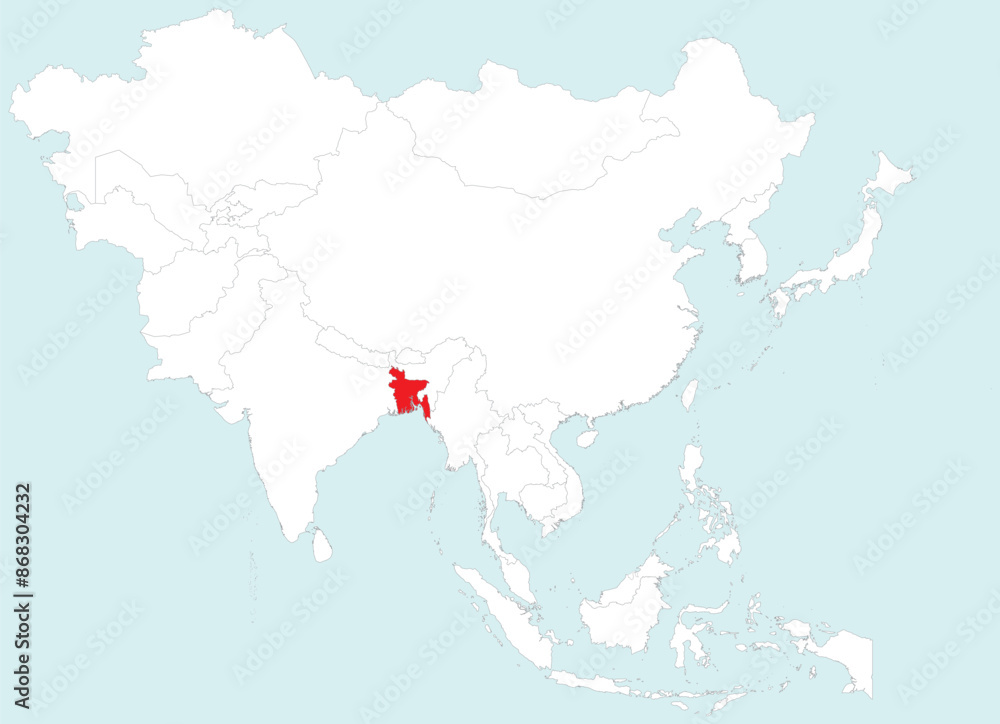Obraz premium Highlighted red map of BANGLADESH inside white detailed blank political map of Asia on blue background, without the Middle East and Russia