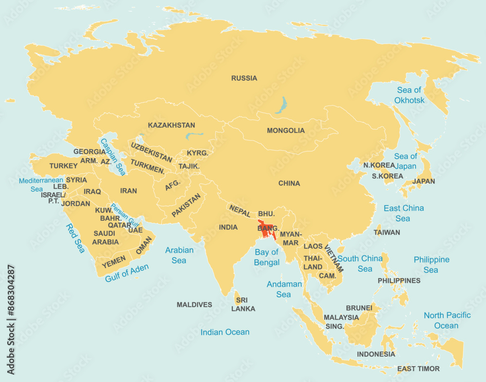 Naklejka premium Highlighted red map of BANGLADESH inside orange detailed tagged map of Asia using orthographic projection on blue background