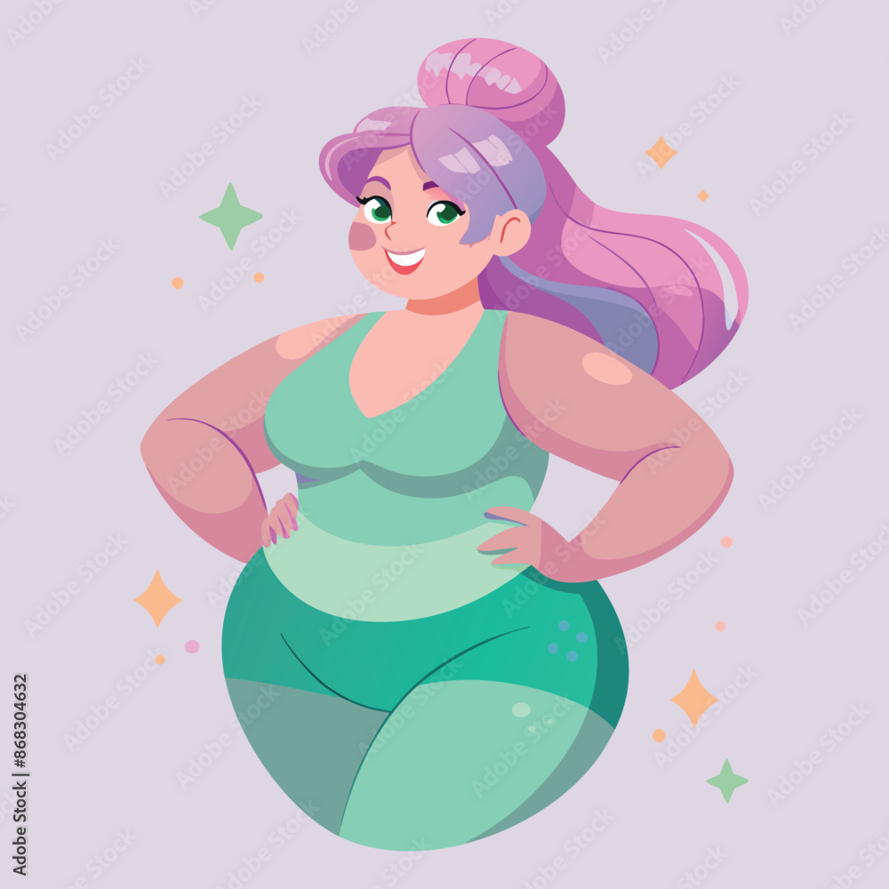 Girl plus size body positive with purple hair wearing green tracksuit on light pink background Girl plus size body positive with purple hair wearing green tracksuit on light pink background