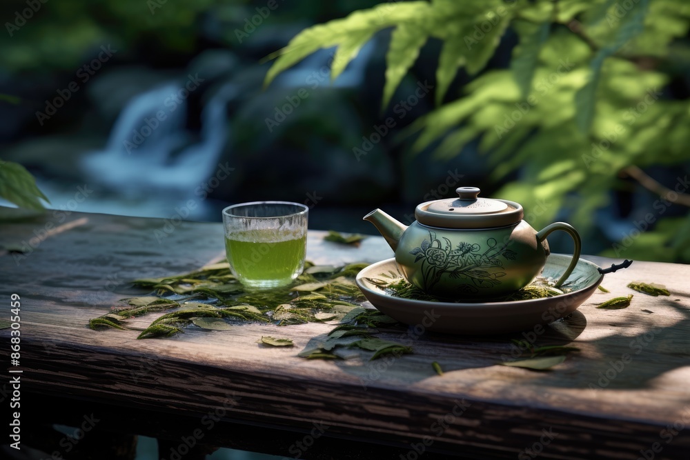 Tea on the Japanese Bridge: Green tea and mochi on a traditional Japanese bridge surrounded by water features. Tea on the Japanese Bridge: Green tea and mochi on a traditional Japanese bridge surrounded by water features.
