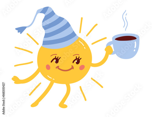 Good morning vector illustration of cute sun character with cup of coffee wearing sleeping cap