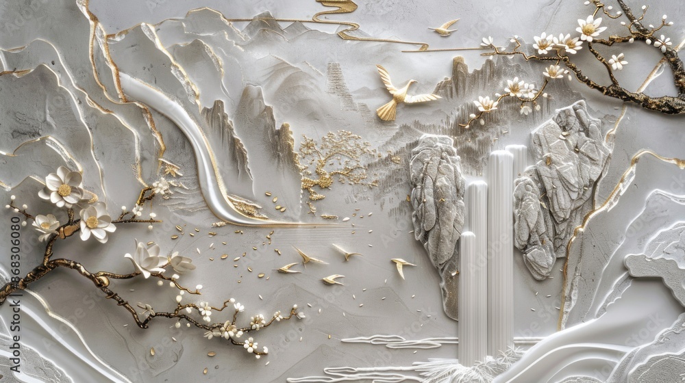 Volumetric stucco molding on a concrete wall with golden elements, Japanese landscape, waterfall, mountains, sakura. Volumetric stucco molding on a concrete wall with golden elements, Japanese landscape, waterfall, mountains, sakura.