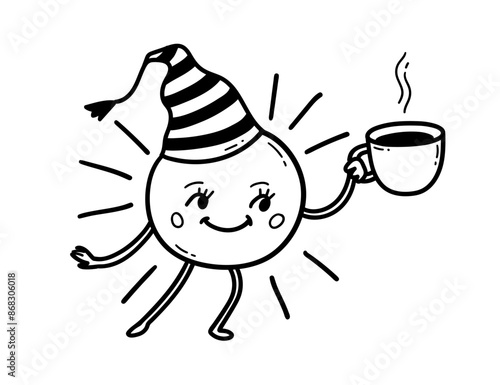 Line art vector illustration of cute sun character with cup of coffee wearing sleeping cap