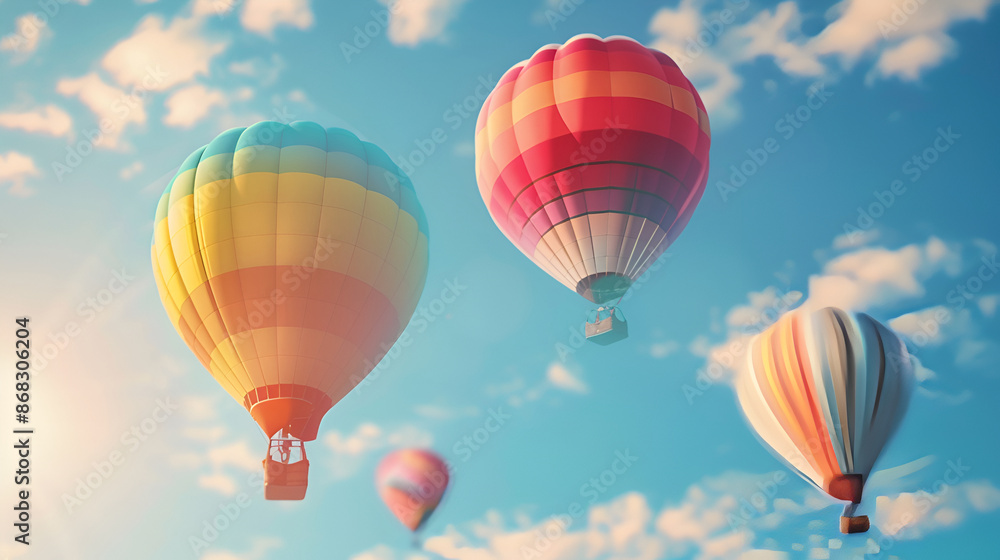 Obraz premium Hot air balloons on the sky in the morning, Magical view with hot air balloons, Colorful hot air balloons in blue sky, Colorful hot air balloons flying in blue sky, Few colorful, hot air balloons 
