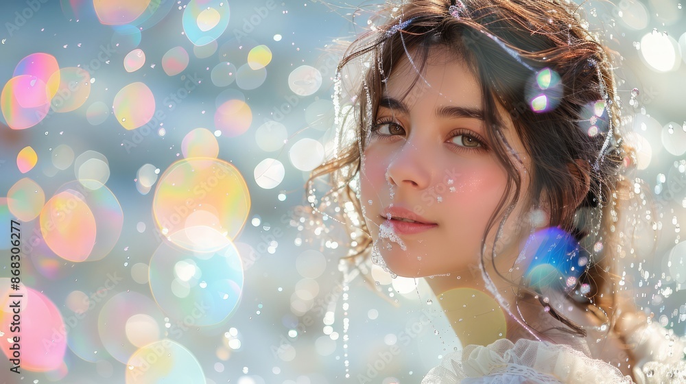 photograph of Beautiful woman in need on white background Colorful soap foam, colorful bubbles isolated on white. photograph of Beautiful woman in need on white background Colorful soap foam, colorful bubbles isolated on white.