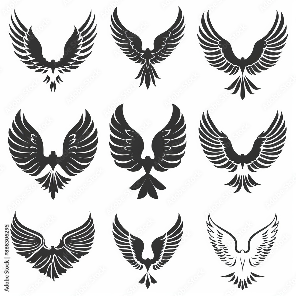 Wings flat icon, angel wings emblem, bird feathers minimal silhouette, pigeon sign, spirituality symbol Wings flat icon, angel wings emblem, bird feathers minimal silhouette, pigeon sign, spirituality symbol