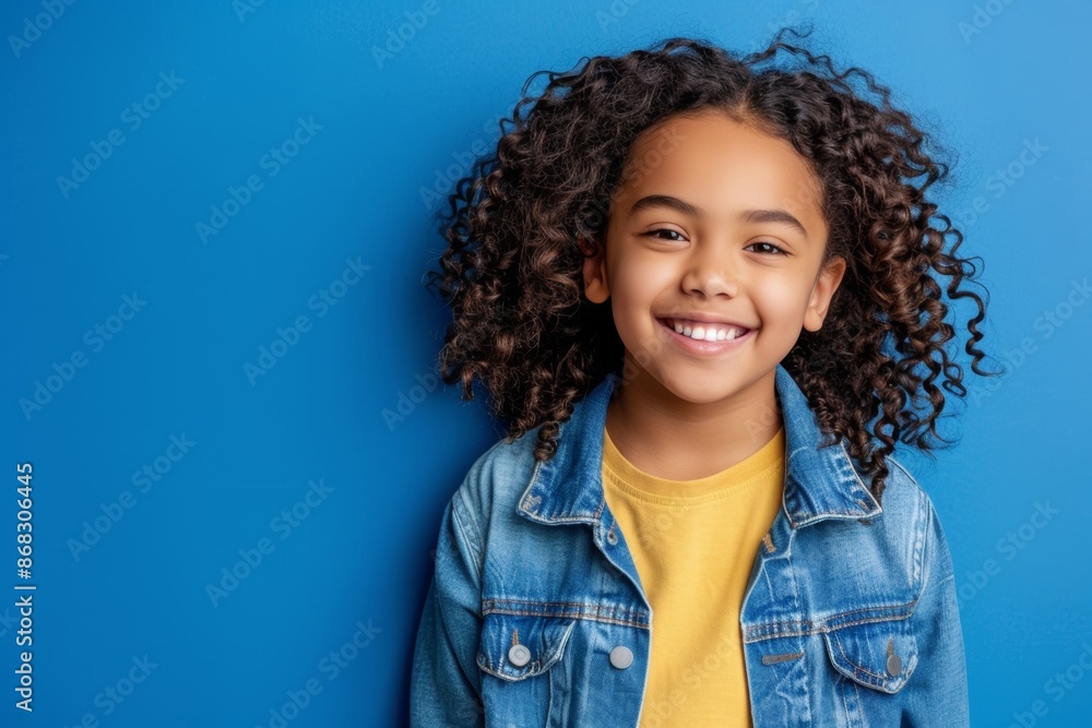 Smiling curly-haired girl against blue background in denim jacket Smiling curly-haired girl against blue background in denim jacket