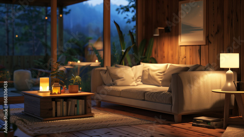 cozy living room with soft lighting, a comfortable sofa, and a view of nature © Rodolphe