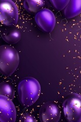 Purple balloons with gold glitter on a purple background. The balloons are scattered all over the background, creating a festive and celebratory atmosphere