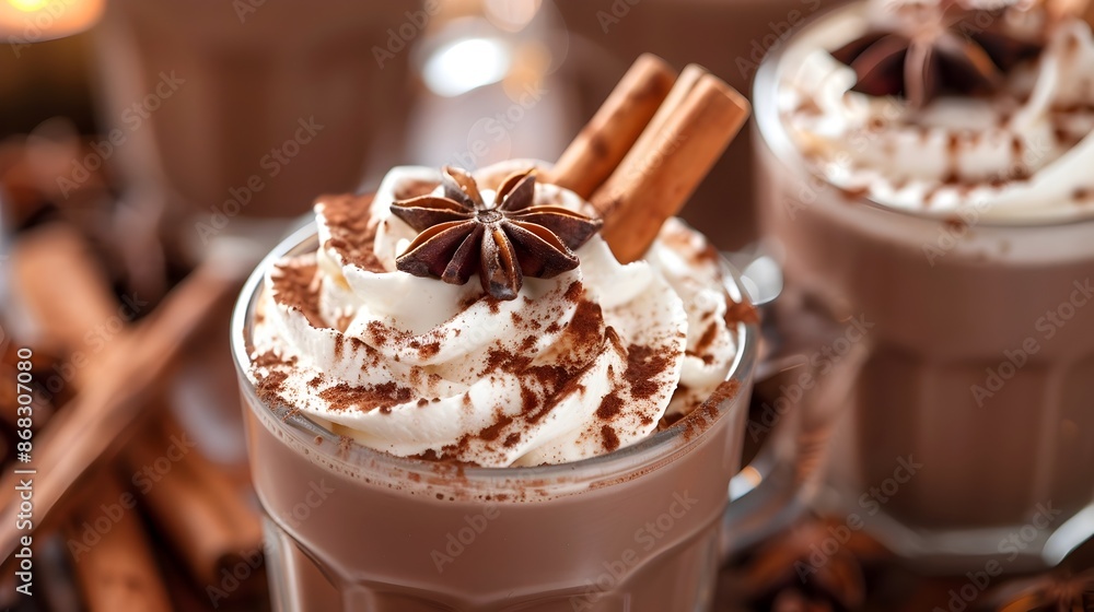 Indulgent Chocolate Dessert Topped with Whipped Cream and Cinnamon Sticks Indulgent Chocolate Dessert Topped with Whipped Cream and Cinnamon Sticks