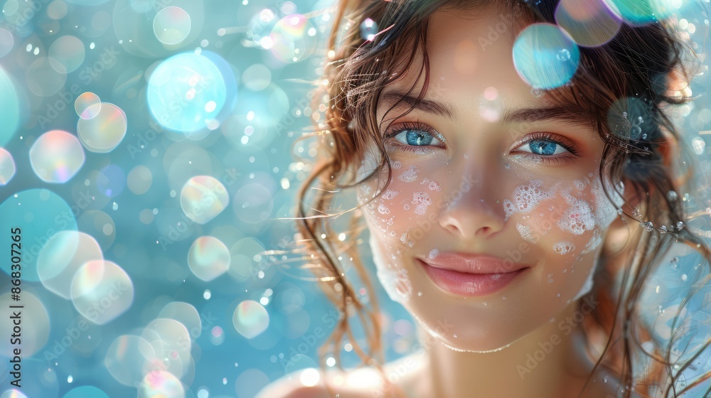 photograph of Beautiful woman in need on white background Colorful soap foam, colorful bubbles isolated on white. photograph of Beautiful woman in need on white background Colorful soap foam, colorful bubbles isolated on white.