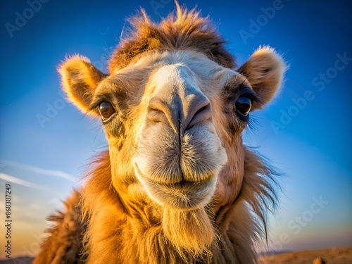 Adorable camel with gentle eyes, fluffy fur, and sweet expression poses against bright blue sky with warm sunlight casting a natural glow on its face.