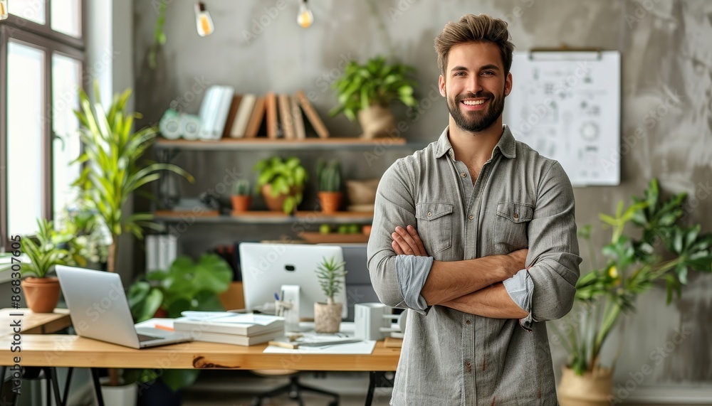Architect with tablet envisions future designs in empty office, starting a business. Architect with tablet envisions future designs in empty office, starting a business.