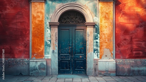 A blue door with a yellow and red wall in the background