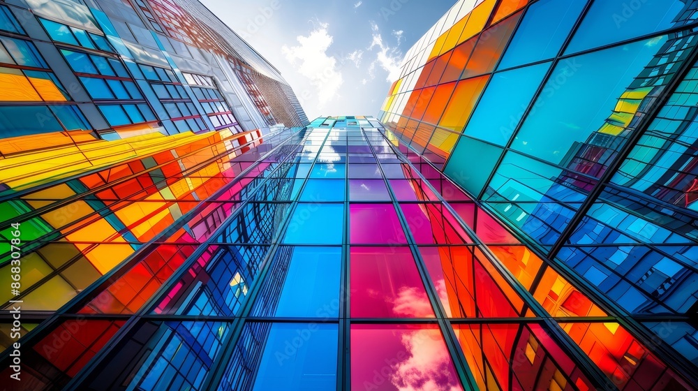 A colorful building with many windows and a blue sky in the background A colorful building with many windows and a blue sky in the background