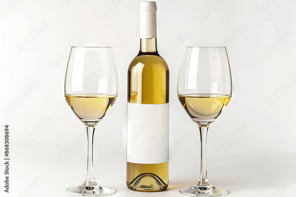 Elegant presentation of a bottle of white wine with two filled wine glasses, isolated on a white background, perfect for themes of dining, celebration, and fine wine appreciation. Elegant presentation of a bottle of white wine with two filled wine glasses, isolated on a white background, perfect for themes of dining, celebration, and fine wine appreciation.