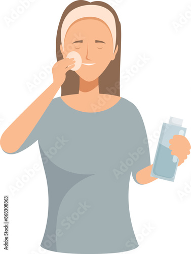 Young woman is holding a bottle of micellar water and removing her makeup with a cotton pad