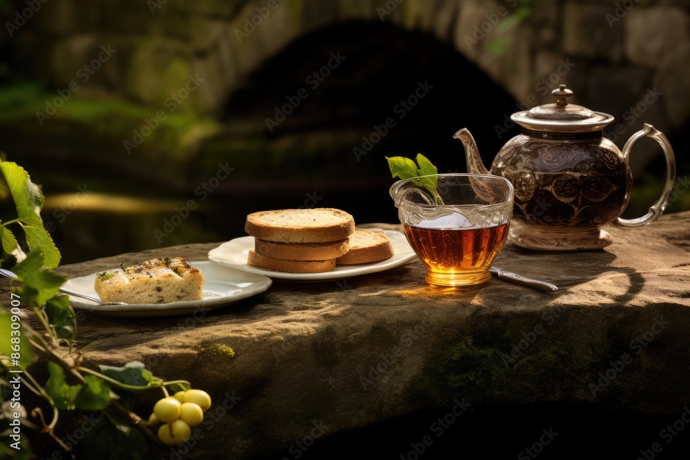 Fototapeta premium Tea on the Stone Bridge: Classic tea and crumpets on a stone bridge over a tranquil stream.