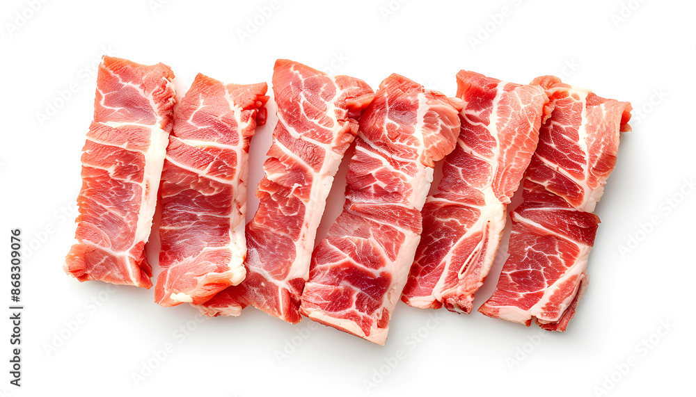 sliced raw pork meat isolated on white background. Top view. Flat lay