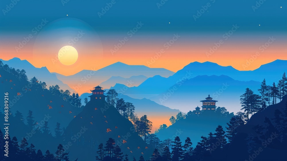 Scenic Illustration of a Mountain Landscape with a Cozy Cottage Scenic Illustration of a Mountain Landscape with a Cozy Cottage