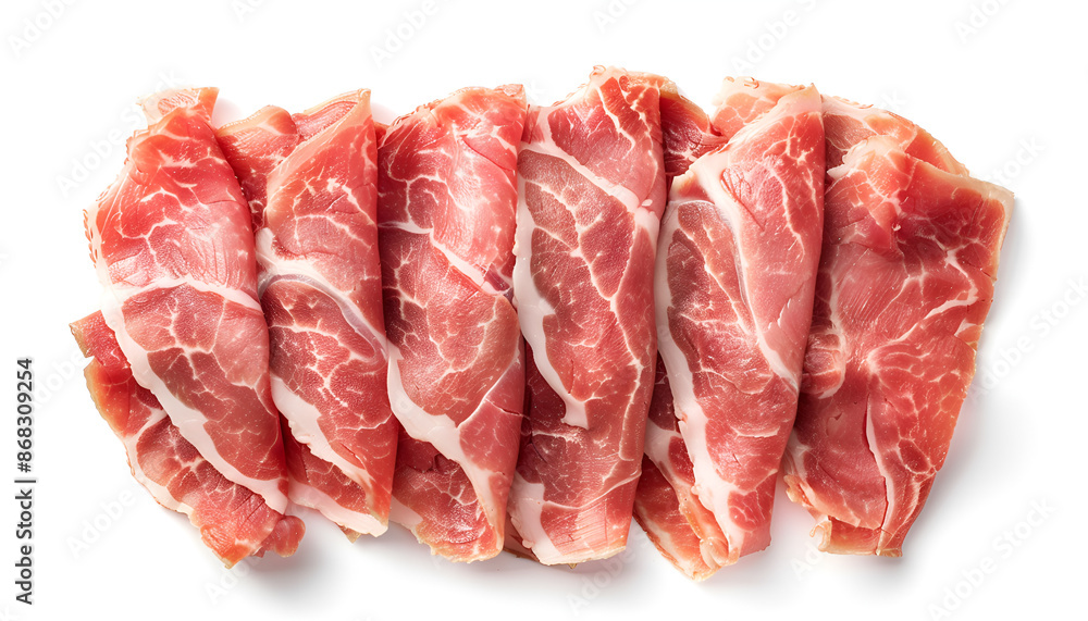 sliced raw pork meat isolated on white background. Top view. Flat lay sliced raw pork meat isolated on white background. Top view. Flat lay