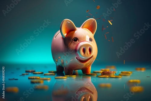 A colorful piggy bank with scattered coins symbolizes savings and investment concepts against a vibrant background.