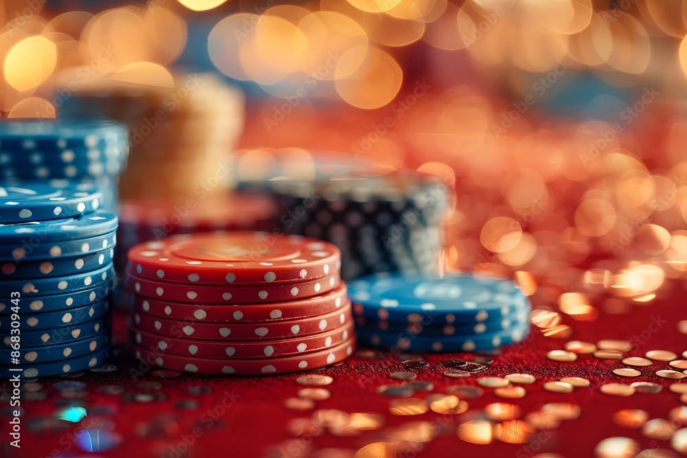 Casino Gambling Chips on Red Table with Bokeh Effect for Online Gaming, Casino Night Theme Casino Gambling Chips on Red Table with Bokeh Effect for Online Gaming, Casino Night Theme
