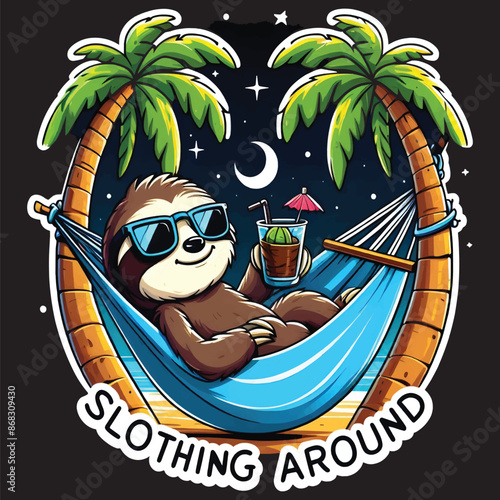 Create a vibrant 4K sticker graphic illustration featuring a cartoon-style of a relaxed sloth lying in a hammock strung between two coconut trees, maybe wearing sunglasses and sipping a drink