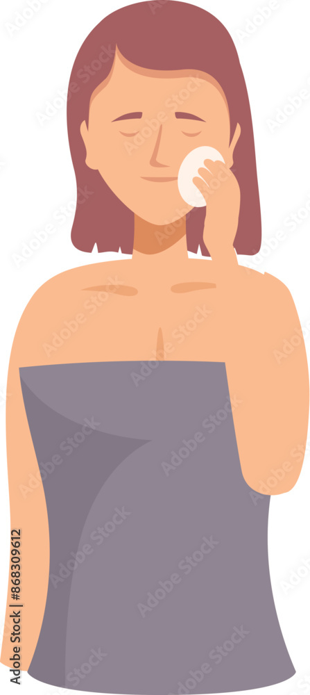 Woman wearing towel cleaning her face with cotton pad, skincare routine and wellness concept Woman wearing towel cleaning her face with cotton pad, skincare routine and wellness concept