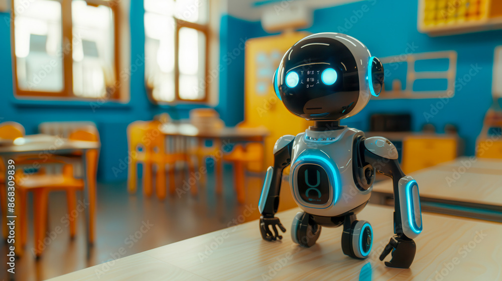 Small cute educational robot in the classroom, assisting the teacher during math lessons Small cute educational robot in the classroom, assisting the teacher during math lessons