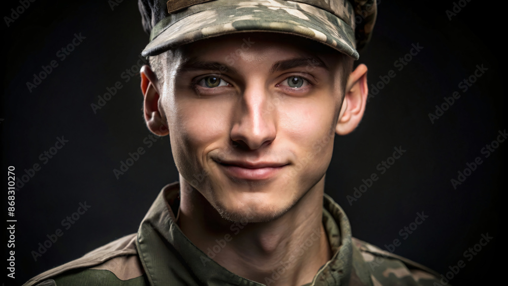 A man soldier in camouflage uniform and cap stares ahead A man soldier in camouflage uniform and cap stares ahead