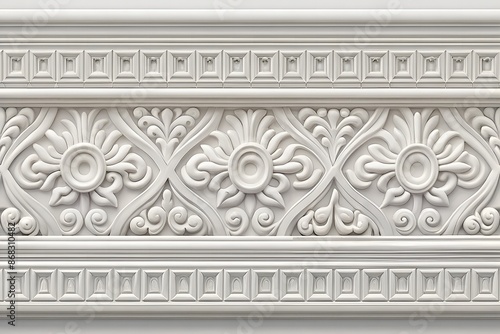Seamless pattern of white classic mold cornice with classic meander ornament for interior wall design. Repeating gypsum plaster frieze for ceiling decoration frame