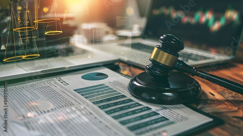 Virtual bankruptcy court with digital gavel and documents
