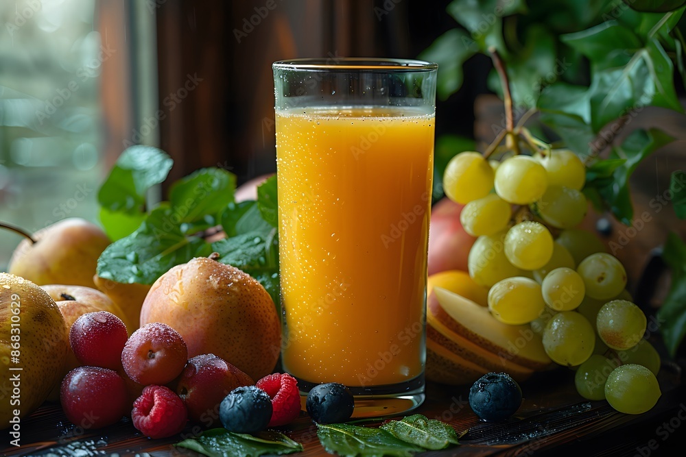 Fresh Orange Juice and Assorted Fruits in a Natural Setting - Perfect for Healthy Living Theme Fresh Orange Juice and Assorted Fruits in a Natural Setting - Perfect for Healthy Living Theme