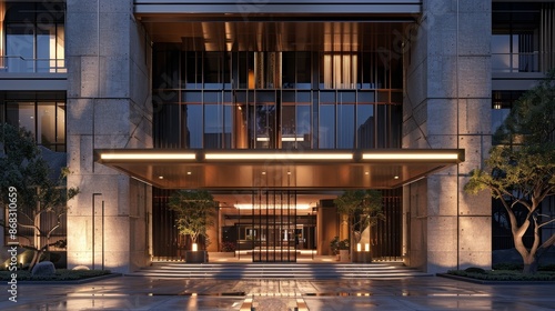 The entrance to a building is lit up with lights, giving it a welcoming