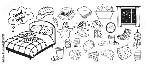 Bedtime sleep vector line art hand drawn illustrations collection