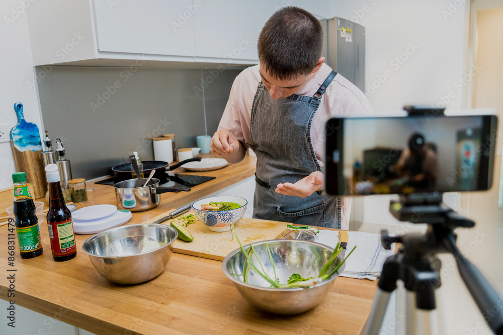 The chef is broadcasting live from workshop how to prepare a vegetarian food The chef is broadcasting live from workshop how to prepare a vegetarian food