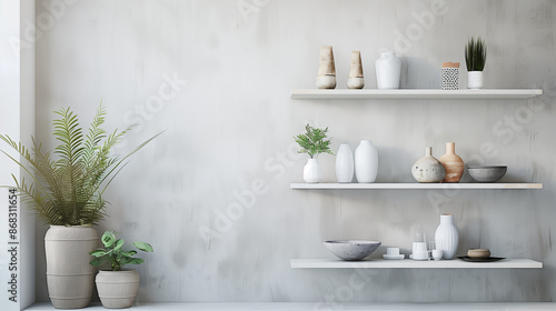 Minimalist wall design with floating shelves holding a refined and curated assortment of decor items.