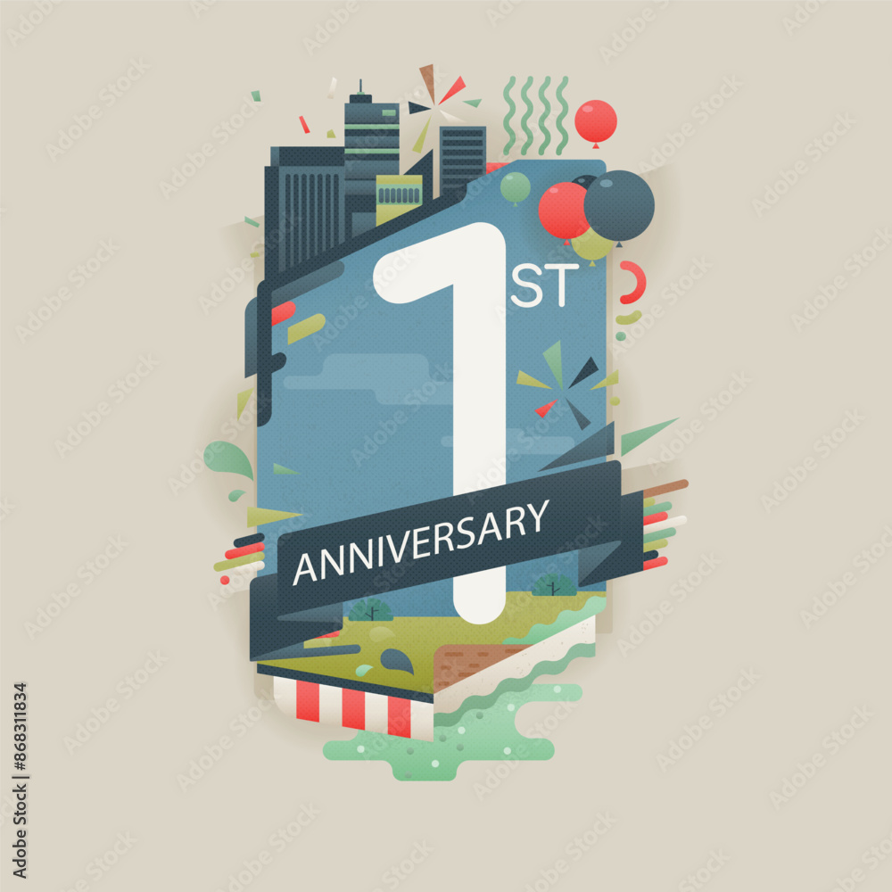 Obraz premium 1 Year anniversary vector poster. 1 year anniversary solid stylish poster on light white background. Anniversary card for corporation.