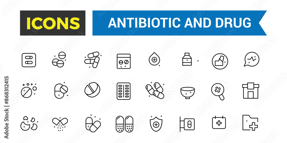 Antibiotic and Drug icons collection. Outline icons pack. Editable vector line icon set and illustration for web and UI application. Antibiotic and Drug icons collection. Outline icons pack. Editable vector line icon set and illustration for web and UI application.