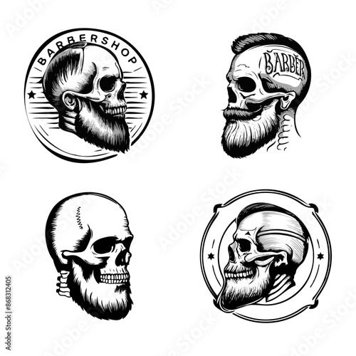 Human skull in half profile with well-groomed beard. Simple pencil drawing in biker tattoo style, vector logo on white background