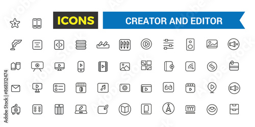 Creator and Editor icons collection. Set of editor icons for ui design isolated. Outline icons pack. Editable vector icon set and illustration for web and UI.