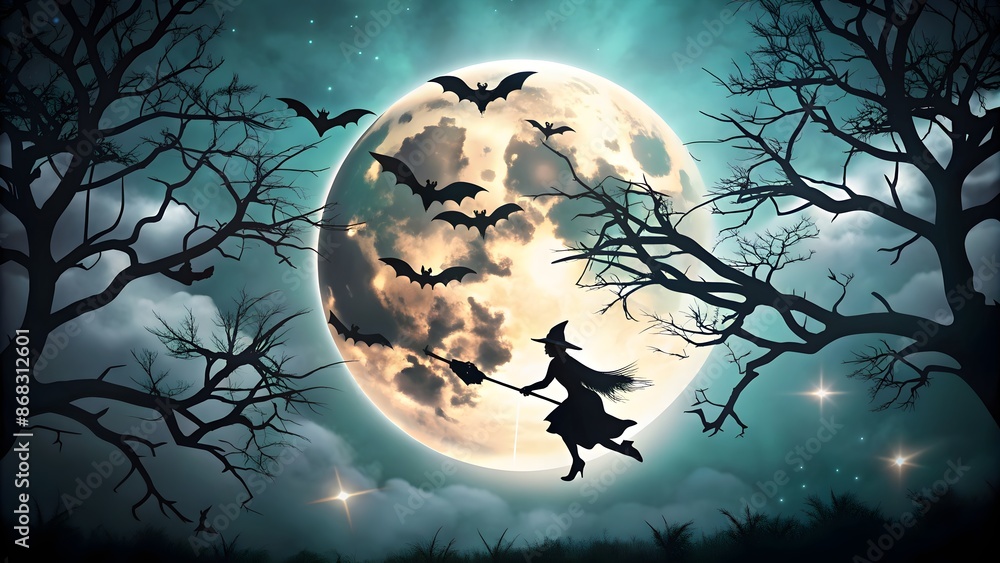 The silhouette of a witch flying on a broomstick, wearing a conical hat, halloween atmosphere, nighttime, leafless trees, creepy atmosphere, fog, large moon background. The silhouette of a witch flying on a broomstick, wearing a conical hat, halloween atmosphere, nighttime, leafless trees, creepy atmosphere, fog, large moon background.