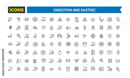 Digestion and Gastric icons collection. Outline icons pack. Editable vector line icon set and illustration for web and UI application.