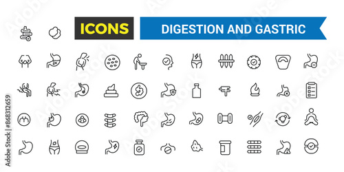 Digestion and Gastric icons collection. Outline icons pack. Editable vector line icon set and illustration for web and UI application.