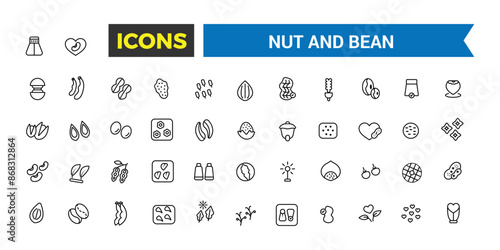 Nut and Bean icon set. Outline icons pack. Editable vector line icon set and illustration for web and UI application.