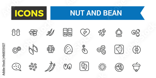 Nut and Bean icon set. Outline icons pack. Editable vector line icon set and illustration for web and UI application.