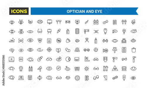Optician and Eye icons set. Outline icons pack. Editable vector line icon set and illustration for web and UI application.