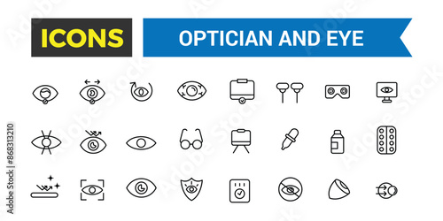 Optician and Eye icons set. Outline icons pack. Editable vector line icon set and illustration for web and UI application.